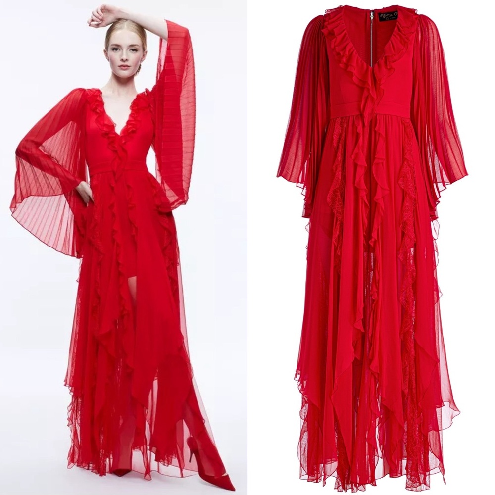 Alice + Olivia Day Sunburst Sleeve Ruffle Maxi Dress Size 6 NWT Ruby Cherry Red